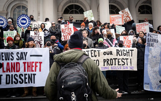 Activists protest against New York City legislation meant to protect houses of worship, at City Hall in New York City, February 25, 2026. (Luke Tress/Times of Israel Activists protest against New York City legislation meant to protect houses of worship, at City Hall in New York City, February 25, 2026. (Luke Tress/Times of Israel