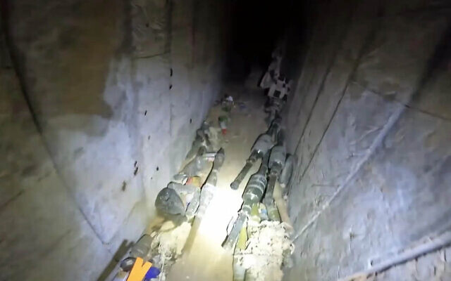 RPGs found inside a Hamas tunnel in southern Gaza's Khan Younis, as seen in a video issued by the military on February 1, 2026. (Israel Defense Forces) RPGs found inside a Hamas tunnel in southern Gaza's Khan Younis, as seen in a video issued by the military on February 1, 2026. (Israel Defense Forces)