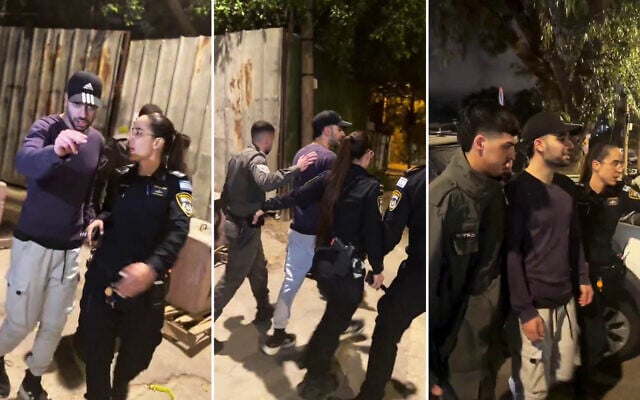 Screengrab of a social media video showing right-wing provocateur Mordechai David being detained by police for protesting outside the home of news anchor Lucy Aharish, in Tel Aviv, February 21, 2026. (X) Screengrab of a social media video showing right-wing provocateur Mordechai David being detained by police for protesting outside the home of news anchor Lucy Aharish, in Tel Aviv, February 21, 2026. (X)