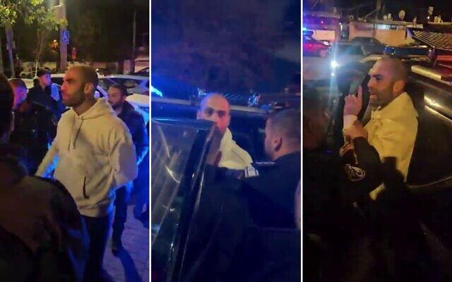 Screen captures from videos of right-wing activist Ziv Barnes, in a white top, being detained by police after he demonstrated outside the apartment of Channel 13 Arab Israeli anchor Lucy Aharish, February 23, 2026. (X) Screen captures from videos of right-wing activist Ziv Barnes, in a white top, being detained by police after he demonstrated outside the apartment of Channel 13 Arab Israeli anchor Lucy Aharish, February 23, 2026. (X)