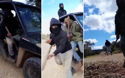 Masked assailant wielding clubs approach an off-camera Israeli human rights activist in Qusra, in the northern West Bank, February 27, 2026. (Screen captures: X/Looking the Occupation in the Eyes) Masked assailant wielding clubs approach an off-camera Israeli human rights activist in Qusra, in the northern West Bank, February 27, 2026. (Screen captures: X/Looking the Occupation in the Eyes)