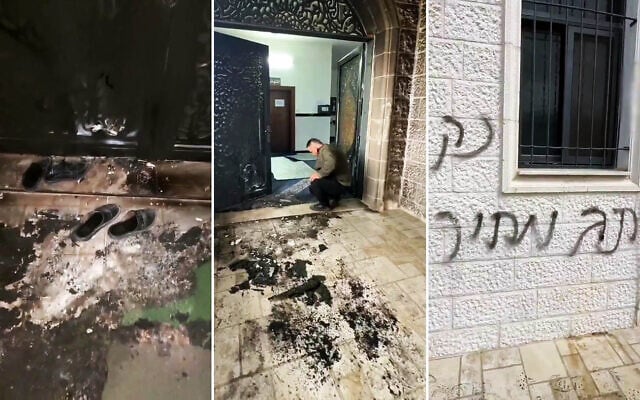 The aftermath of an arson attack at the Abu Bakr al-Siddiq mosque in the village of Tell, near Nablus in the northern West Bank, February 23, 2026. (Screen captures: X, used in accordance with Clause 27a of the Copyright Law)