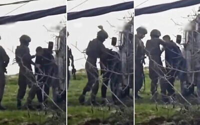 An IDF soldier is seen beating a Palestinian man near Nabi Saleh in the West Bank, in footage published by Palestinian media on February 6, 2026. (Screenshots: X; used in accordance with Clause 27a of the Copyright Law)