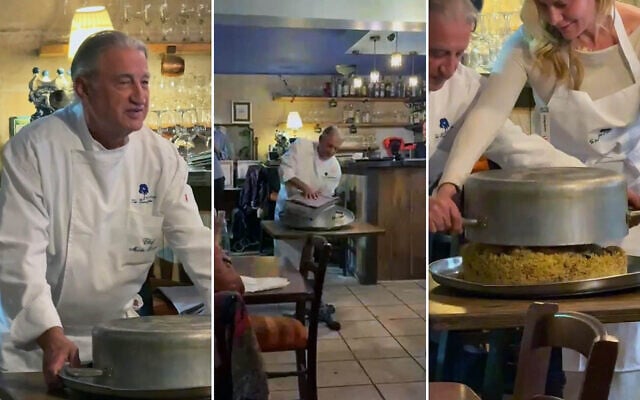 Chef Moshe Basson flips a dish of maklouba at Eucalyptus on February 25, 2026. (Daniel Laufer) Chef Moshe Basson flips a dish of maklouba at Eucalyptus on February 25, 2026. (Daniel Laufer)