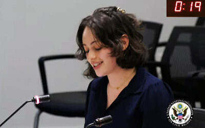 Tova Kaplan, a student at Harvard University, testifies before the US Commission on Civil Rights briefing on antisemitism on college and university campuses on February 19, 2026. (Screenshot via YouTube/ via JTA)