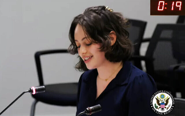 Tova Kaplan, a student at Harvard University, testifies before the US Commission on Civil Rights briefing on antisemitism on college and university campuses on February 19, 2026. (Screenshot via YouTube/ via JTA) Tova Kaplan, a student at Harvard University, testifies before the US Commission on Civil Rights briefing on antisemitism on college and university campuses on February 19, 2026. (Screenshot via YouTube/ via JTA)