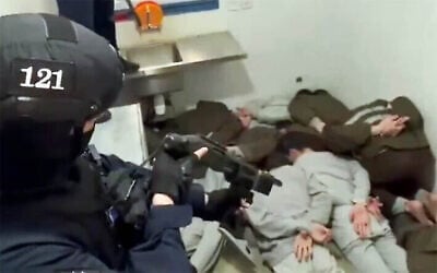 Screen capture from video of Palestinian prisoners seen during a video filmed when National Security Minister Itamar Ben Gvir visited the Ofer Prison on February 13, 2026. (X) Screen capture from video of Palestinian prisoners seen during a video filmed when National Security Minister Itamar Ben Gvir visited the Ofer Prison on February 13, 2026. (X)