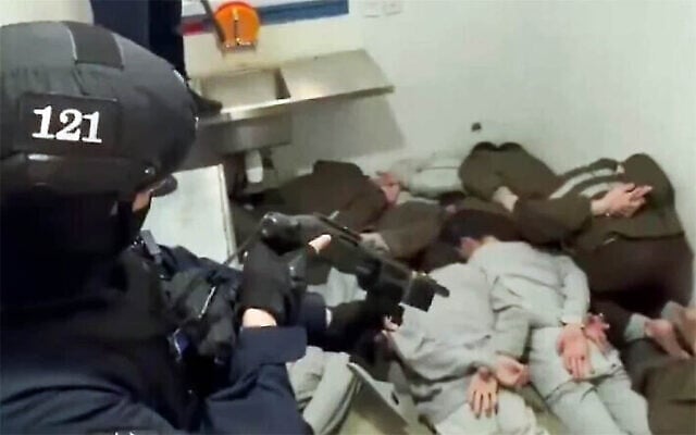 Screen capture from video of Palestinian prisoners seen during a video filmed when National Security Minister Itamar Ben Gvir visited the Ofer Prison on February 13, 2026. (X)