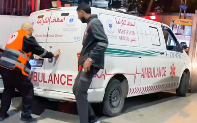 Emergency staff react as an ambulance pulls up at the Rafidia Surgical Hospital in Nablus, in the northern West Bank, carrying a person reportedly wounded by IDF gunfire in the village of Beit Furik, February 21, 2026. (Screen capture: X/Quds News Network) Emergency staff react as an ambulance pulls up at the Rafidia Surgical Hospital in Nablus, in the northern West Bank, carrying a person reportedly wounded by IDF gunfire in the village of Beit Furik, February 21, 2026. (Screen capture: X/Quds News Network)