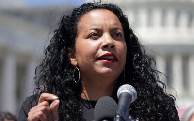 Analilia Mejia speaks during a news conference outside the US Capitol on April 19, 2023, in Washington. (Alex Wong/Getty Images/AFP)
