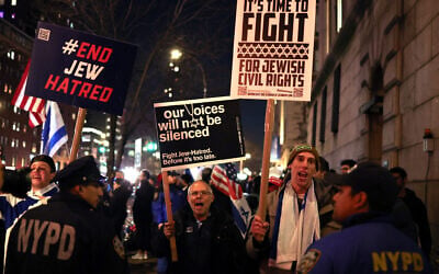 Jewish protesters and allies demonstrate against antisemitism outside the campus of Columbia University in New York City on March 4, 2025. (Charly Triballeau/AFP)