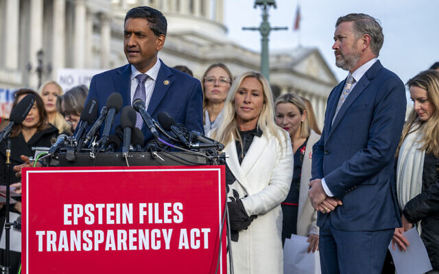 (L-R) US Representative Ro Khanna, Democrat of California, US Representative Thomas Massie, Republican of Kentucky and US Representative Marjorie Taylor Greene, Republican of Georgia speak during a press conference on the "Epstein Files Transparency Act" at the US Capitol in Washington, DC on November 18, 2025. (DANIEL HEUER / AFP) (L-R) US Representative Ro Khanna, Democrat of California, US Representative Thomas Massie, Republican of Kentucky and US Representative Marjorie Taylor Greene, Republican of Georgia speak during a press conference on the "Epstein Files Transparency Act" at the US Capitol in Washington, DC on November 18, 2025. (DANIEL HEUER / AFP)