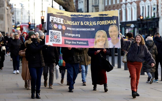 Family and supporters of Lindsay and Craig Foreman, a British couple detained in Iran, march in London on January 3, 2026, to raise national awareness of the couple's ongoing detention and the need for urgent intervention. (Brook Mitchell / AFP) Family and supporters of Lindsay and Craig Foreman, a British couple detained in Iran, march in London on January 3, 2026, to raise national awareness of the couple's ongoing detention and the need for urgent intervention. (Brook Mitchell / AFP)