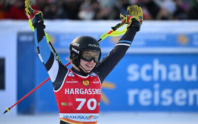 Israel's Noa Szollos reacts after competing in the second run of the Women's Slalom, as part of the FIS Alpine Ski World Cup 2025-2026, in Kranjska Gora, Slovenia, January 4, 2026. (Jure Makovec / AFP)