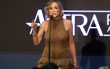 Sharon Stone, winner of the Timeless Award, speaks onstage during the 2026 Astra Film Awards on January 9, 2026, in Los Angeles, California. (Kevin Winter / Getty Images via AFP)