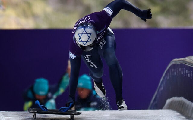 Israel's Jared Firestone takes part in the skeleton men's training session at Cortina Sliding Centre during the Milano Cortina 2026 Winter Olympic Games in Cortina d'Ampezzo on February 9, 2026. (Photo by FRANCK FIFE / AFP)