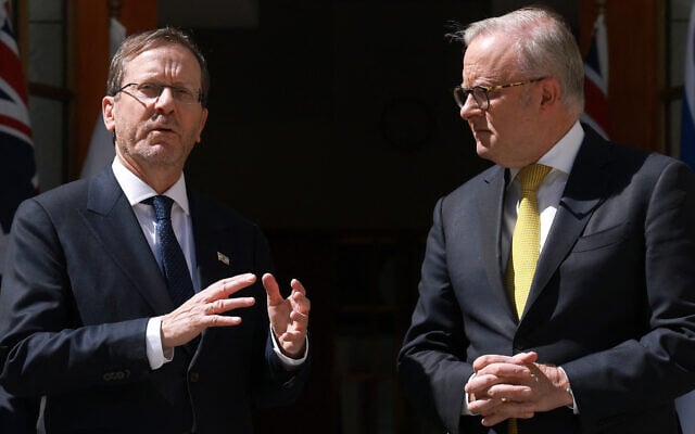 President Isaac Herzog (L) speaks as Australian Prime Minister Anthony Albanese looks on at Parliament House in Canberra, Australia, on February 11, 2026. (David Gray/AFP) President Isaac Herzog (L) speaks as Australian Prime Minister Anthony Albanese looks on at Parliament House in Canberra, Australia, on February 11, 2026. (David Gray/AFP)