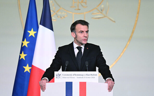 France's President Emmanuel Macron delivers a speech during a ceremony commemorating the 20th anniversary of the murder of Ilan Halimi, a 23-year-old French Jew who was tortured and murdered in 2006, at The Elysee Presidential Palace in Paris on February 13, 2026. (Bertrand GUAY / POOL / AFP) France's President Emmanuel Macron delivers a speech during a ceremony commemorating the 20th anniversary of the murder of Ilan Halimi, a 23-year-old French Jew who was tortured and murdered in 2006, at The Elysee Presidential Palace in Paris on February 13, 2026. (Bertrand GUAY / POOL / AFP)