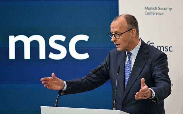 German Chancellor Friedrich Merz gives a speech to open the 62nd Munich Security Conference (MSC) on February 13, 2026 in Munich, southern Germany. (THOMAS KIENZLE / AFP) German Chancellor Friedrich Merz gives a speech to open the 62nd Munich Security Conference (MSC) on February 13, 2026 in Munich, southern Germany. (THOMAS KIENZLE / AFP)