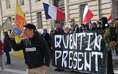 Activist of the far-right identitarian movement 'Ligue du Midi' Olivier Roudier shouts in a megaphone in Montpellier, southern France, on February 15, 2026, during a rally after the fatal beating of a 23-year-old. (Sylvain THOMAS / AFP)