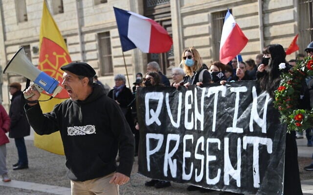 Activist of the far-right identitarian movement 'Ligue du Midi' Olivier Roudier shouts in a megaphone in Montpellier, southern France, on February 15, 2026, during a rally after the fatal beating of a 23-year-old. (Sylvain THOMAS / AFP) Activist of the far-right identitarian movement 'Ligue du Midi' Olivier Roudier shouts in a megaphone in Montpellier, southern France, on February 15, 2026, during a rally after the fatal beating of a 23-year-old. (Sylvain THOMAS / AFP)