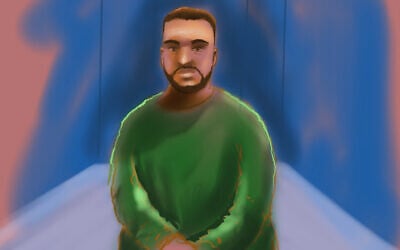 A sketch by artist Rocco Fazzari shows accused Bondi shooter Naveed Akram appearing via video link at Downing Centre Local Court in Sydney on February 16, 2026. (Rocco Fazzari / AFP)