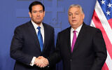 Hungary's Prime Minister Viktor Orban, right, shakes hands with US Secretary of State Marco Rubio after a joint press conference following talks during a visit in Budapest, Hungary, on February 16, 2026. (Alex Brandon / Pool AP / AFP)