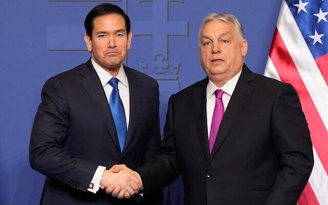 Hungary's Prime Minister Viktor Orban, right, shakes hands with US Secretary of State Marco Rubio after a joint press conference following talks during a visit in Budapest, Hungary, on February 16, 2026. (Alex Brandon / Pool AP / AFP) Hungary's Prime Minister Viktor Orban, right, shakes hands with US Secretary of State Marco Rubio after a joint press conference following talks during a visit in Budapest, Hungary, on February 16, 2026. (Alex Brandon / Pool AP / AFP)