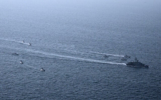 This handout photo released by Iran's Revolutionary Guards Corps (IRGC)'s official website Sepanews on February 16, 2026, shows navy ships during a military exercise by members of the IRGC and navy in the Gulf (SEPAH NEWS / AFP)
