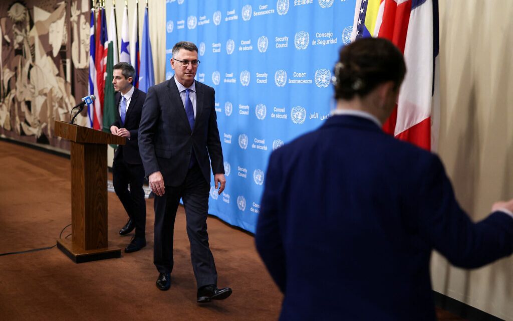 Foreign Minister Gideon Sa'ar departs the podium after speaking during a press conference at the United Nations Headquarters in New York, on February 18, 2026. (CHARLY TRIBALLEAU / AFP)