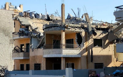 A heavily-damaged building is pictured in the village of Ali al-Nahri in the center of Lebanon's eastern Beqaa Valley region on February 21, 2026, following Israeli strikes. (AFP)
