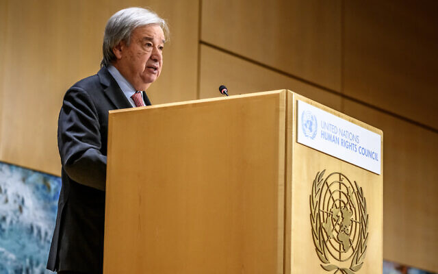 UN Secretary-General Antonio Guterres delivers a speech at the opening of the 61st session of the UN Human Rights Council at the United Nations office in Geneva on February 23, 2026 (Fabrice COFFRINI / AFP)