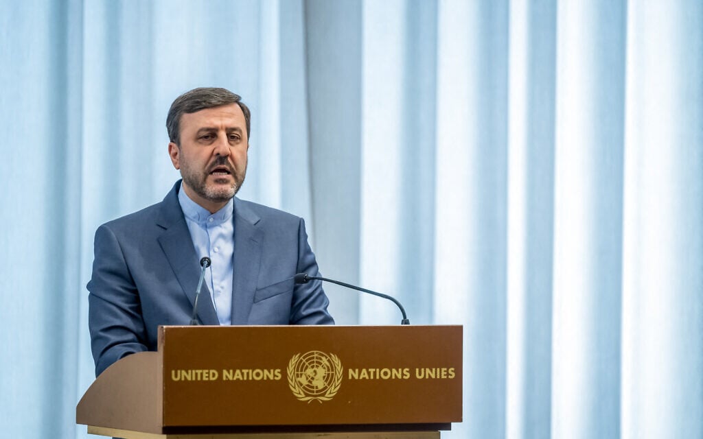 Iran's Deputy Foreign Minister Kazeem Gharibabadi adresses the United Nations Conference on Disarmament in Geneva, on February 23, 2026. (Fabrice COFFRINI / AFP)