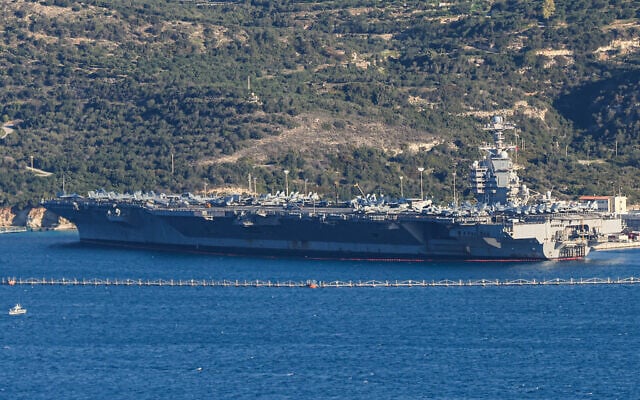The USS Gerald Ford aircraft carrier is docked at Souda Bay in the Greek Mediterranean island of Crete on February 24, 2026. (Costas Metaxakis/AFP) The USS Gerald Ford aircraft carrier is docked at Souda Bay in the Greek Mediterranean island of Crete on February 24, 2026. (Costas Metaxakis/AFP)