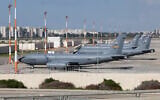 US Air Force refueling aircraft are seen parked on the tarmac of the Ben Gurion airport near Tel Aviv on February 25, 2026. (Jack GUEZ / AFP)