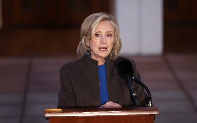 Former US secretary of state Hillary Clinton speaks to the press after her deposition with the US House Oversight Committee, as it investigates links to convicted sex offender Jeffrey Epstein, in Chappaqua, New York, on 26, 2026. (Charly Triballeau/AFP)