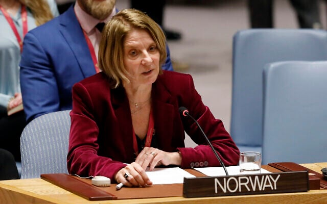 Then-Norway's UN ambassador Mona Juul addresses the United Nations Security Council, at UN headquarters in New York City, January 22, 2019. (AP Photo/Richard Drew) Then-Norway's UN ambassador Mona Juul addresses the United Nations Security Council, at UN headquarters in New York City, January 22, 2019. (AP Photo/Richard Drew)