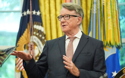 Britian's then-ambassador to the US Peter Mandelson, delivering remarks in the Oval Office of the White House, May 8, 2025, in Washington. (AP Photo/Evan Vucci)