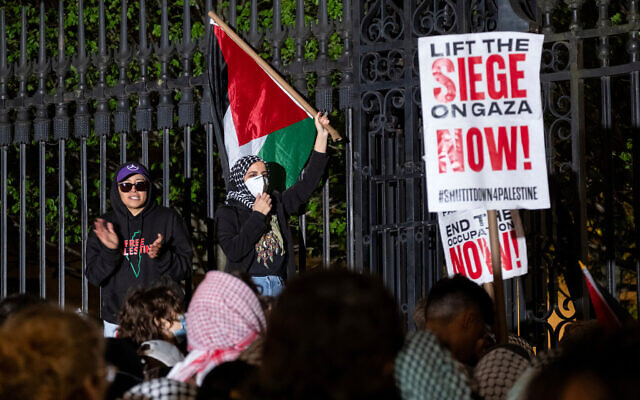 Leqaa Kordia, right, demonstrates with pro-Palestinian, anti-Israel protesters as they gather near a main gate at Columbia University in New York, April 30, 2024, just before New York City police officers cleared the area after a building was taken over by protesters earlier in the day. (AP/Craig Ruttle) Leqaa Kordia, right, demonstrates with pro-Palestinian, anti-Israel protesters as they gather near a main gate at Columbia University in New York, April 30, 2024, just before New York City police officers cleared the area after a building was taken over by protesters earlier in the day. (AP/Craig Ruttle)