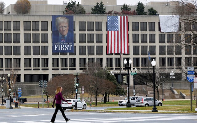 A portrait of US President Donald Trump hangs on the US Labor Department headquarters near the Capitol, on November 26, 2025, in Washington. (AP/Rahmat Gul) A portrait of US President Donald Trump hangs on the US Labor Department headquarters near the Capitol, on November 26, 2025, in Washington. (AP/Rahmat Gul)