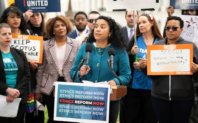 Analilia Mejia, center, speaks during a rally calling for SCOTUS ethics reform, May 2, 2023, in Washington. (Joy Asico/AP Images for Center for Popular Democracy Action, File) Analilia Mejia, center, speaks during a rally calling for SCOTUS ethics reform, May 2, 2023, in Washington. (Joy Asico/AP Images for Center for Popular Democracy Action, File)