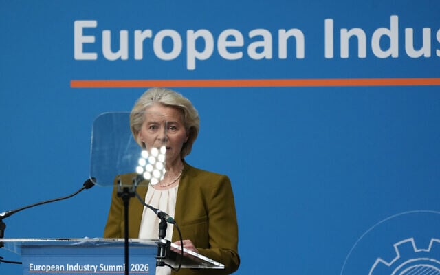 European Commission President Ursula von der Leyen speaks during the European Industry Summit in Antwerp, Belgium, February 11, 2026. (AP/Virginia Mayo) European Commission President Ursula von der Leyen speaks during the European Industry Summit in Antwerp, Belgium, February 11, 2026. (AP/Virginia Mayo)