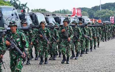 Indonesian soldiers are deployed following violent protests against lawmakers' perks and privileges, in Jakarta, Indonesia, September 2025. (AP/Tatan Syuflana, File)
