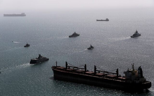 This image provided Feb. 19, 2026, by the Iranian military and dated Feb. 17, 2025, shows navy ships conducting operations during a joint drill by Iranian and Russian forces in the Indian Ocean. (Masoud Nazari Mehrabi/Iranian Army via AP)