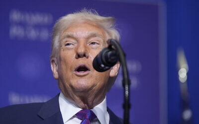 US President Donald Trump speaks during a Board of Peace meeting at the US Institute of Peace, February 19, 2026, in Washington. (AP/Mark Schiefelbein)