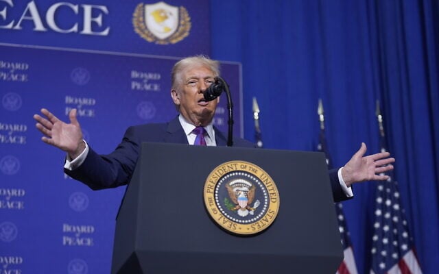 US President Donald Trump speaks during a Board of Peace meeting at the US Institute of Peace, February 19, 2026, in Washington. (AP Photo/Mark Schiefelbein) US President Donald Trump speaks during a Board of Peace meeting at the US Institute of Peace, February 19, 2026, in Washington. (AP Photo/Mark Schiefelbein)