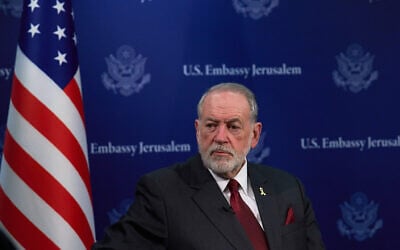 US Ambassador to Israel Mike Huckabee is seen during an interview in Jerusalem, August 20, 2025. (AP/Ohad Zwigenberg, File) US Ambassador to Israel Mike Huckabee is seen during an interview in Jerusalem, August 20, 2025. (AP/Ohad Zwigenberg, File)