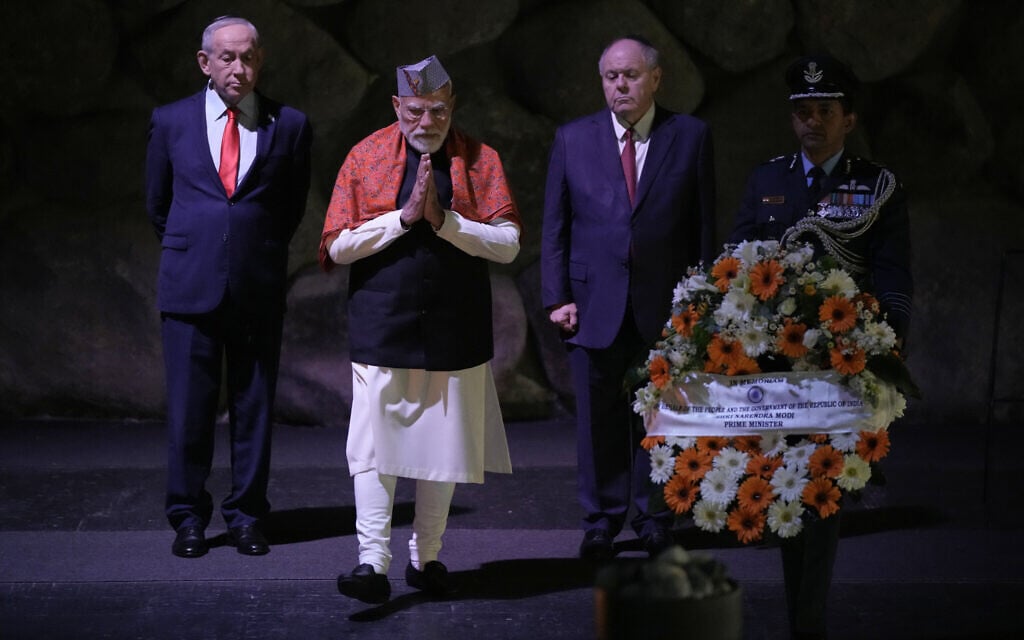 Indian Prime Minister Narendra Modi lays a wreath and a rock at the Hall of Remembrance during his visit to the Yad Vashem Holocaust Memorial Museum in Jerusalem, February 26, 2026. (AP/Leo Correa) Indian Prime Minister Narendra Modi lays a wreath and a rock at the Hall of Remembrance during his visit to the Yad Vashem Holocaust Memorial Museum in Jerusalem, February 26, 2026. (AP/Leo Correa)