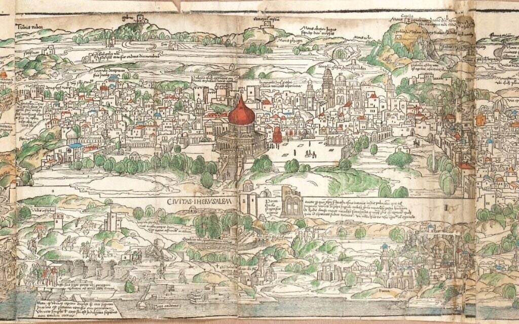 A segment of the 'Map of Jerusalem and the Holy Land' by Bernhard von Breydenbach and Erhard Reuwich (15th century Germany). The map is part of the exhibition 'Fact, Faith, and Fantasy - Maps of the Holy Land from the Chinn Collection,' which opened at the Israel Museum in Jerusalem in January 2026. (Elie Posner and Zohar Shemesh/The Israel Museum, Jerusalem)