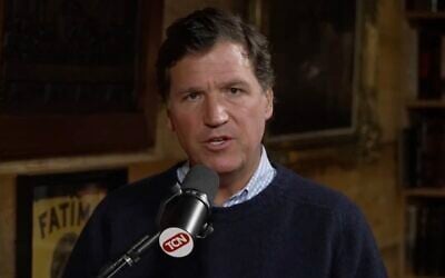 Tucker Carlson delivers a monologue in an episode of his podcast released on February 20, 2026, in which he interviewed US Ambassador to Israel Mike Huckabee. (X screenshot)
